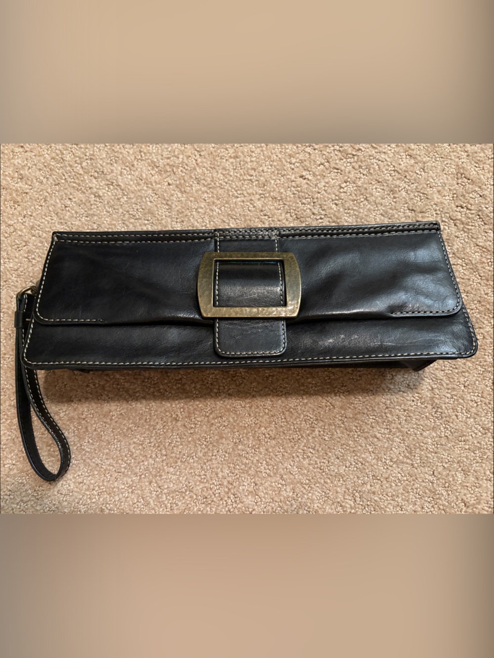 Anne Klein Black Leather Wristlet Clutch with Brass-Tone Buckle